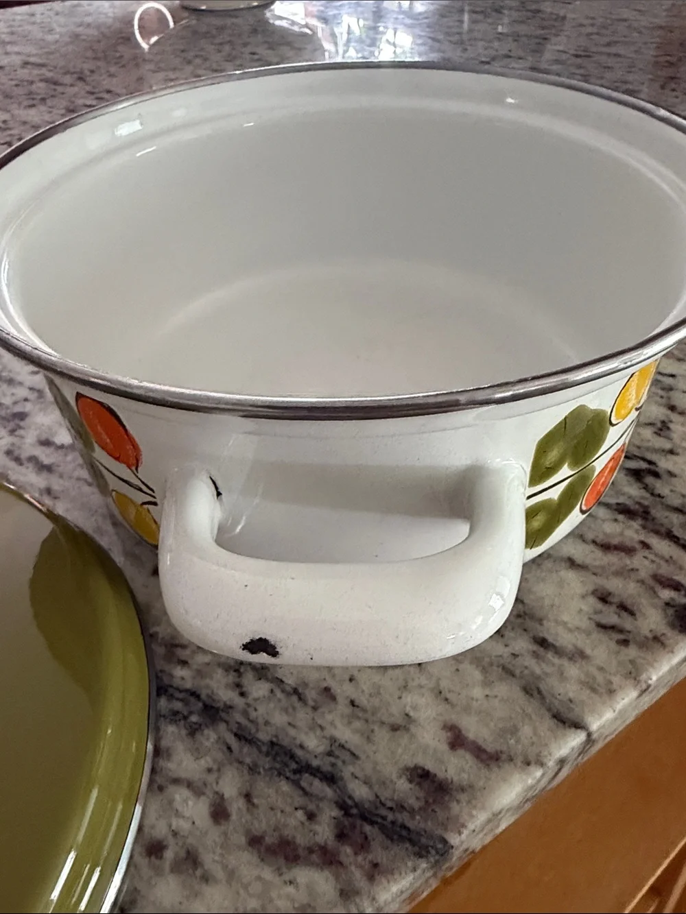 Retro Hand-Painted Enamel Casserole with Olive Green Lid Austria Email
